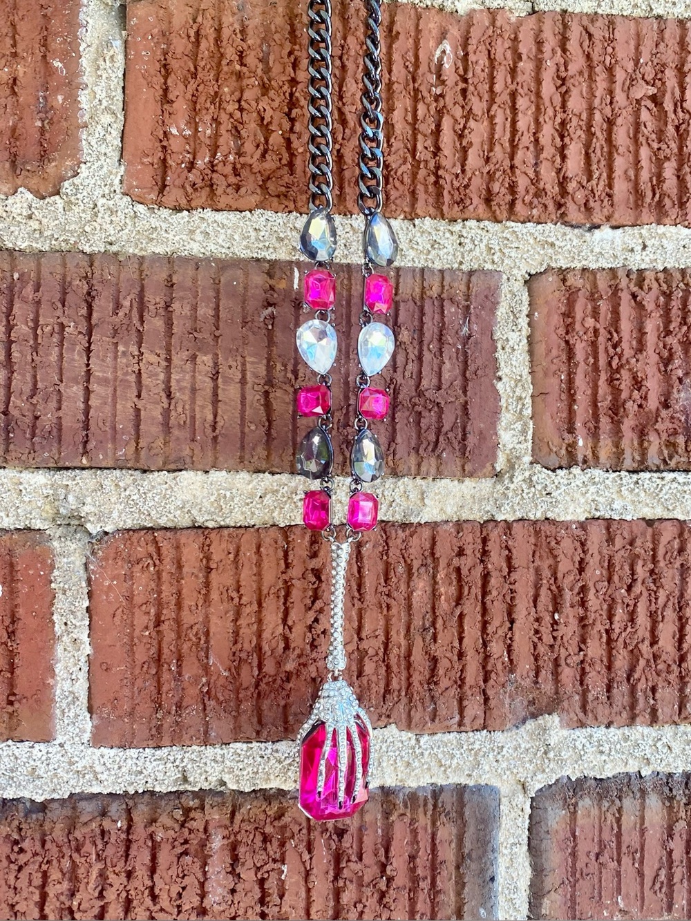 Betsey Johnson Witch’s Hand Necklace with Pink Stone and Black Fingernails